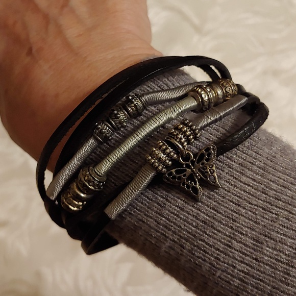 Black Leather & Silver Charm Friendship Bracelet - Picture 2 of 7